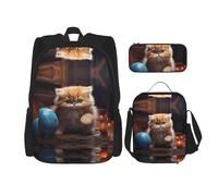 WZYCWB Lively Persian Cat School Bag + Pencil case + Lunch Bag Combination Backpack Suitable for Everyday Commuting