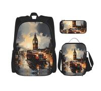 WZYCWB London Color Taxi Backpack set (3-piece set) - student school bag + pencil case + lunch bag, large capacity backpack, Black, One Size
