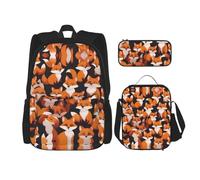 WZYCWB lots of cartoon little foxes Backpack set (3-piece set) - student school bag + pencil case + lunch bag, large capacity backpack, Black, One Size