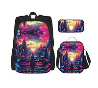 WZYCWB Magnificent City School Bag + Pencil case + Lunch Bag Combination Backpack Suitable for Everyday Commuting
