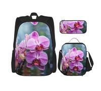 WZYCWB Malaysian National Flower Campus life backpack set (3 pieces) - school bag + pencil case + lunch bag, meet all the daily needs of students!, Black, One Size