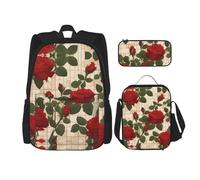 WZYCWB Many red roses Backpack set (3-piece set) - student school bag + pencil case + lunch bag, large capacity backpack, Black, One Size