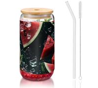 WZYCWB Melon in the water Printed bamboo lid glass for hot and cold iced coffee, milk tea, and beer. A stylish water cup.
