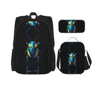 WZYCWB Metallic Beetle Backpack (3-piece set), large capacity backpack, student school bag, pencil case, lunch bag combination