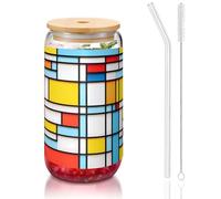 WZYCWB Mismatched boxes Printed bamboo lid glass for hot and cold iced coffee, milk tea, and beer. A stylish water cup.
