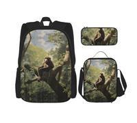 WZYCWB Monkey sitting on a tree Backpack set (3-piece set) - student school bag + pencil case + lunch bag, large capacity backpack, Black, One Size