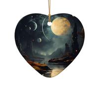 WZYCWB Moon Stars and Planets patterned Heart Shape ceramic pendant, perfect for decorating your home Christmas tree for winter parties