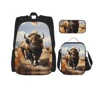 WZYCWB North American bison herd Backpack set (3-piece set) - student school bag + pencil case + lunch bag, large capacity backpack, Black, One Size