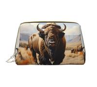 WZYCWB North American bison herd Leather cosmetic bag with pockets, portable travel cosmetic bag, large capacity cosmetic storage bag,