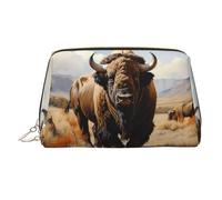 WZYCWB North American Bison Herd Patterned Leather Cosmetic Bag - Perfect for Carry-On or Home Organization