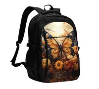 WZYCWB orange yellow butterfly field flowers Printed laptop backpack, business men's commuter backpack, computer bag with USB port charging