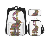 WZYCWB Patterned rabbit Backpack (3-piece set), large capacity backpack, student school bag, pencil case, lunch bag combination
