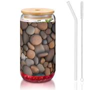 WZYCWB Pebbles in the beach Printed bamboo lid glass for hot and cold iced coffee, milk tea, and beer. A stylish water cup.