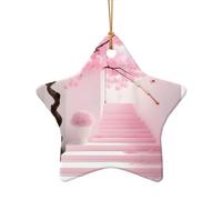WZYCWB Pink cherry blossom staircase patterned Star Shape ceramic pendant, perfect for decorating your home Christmas tree for winter parties