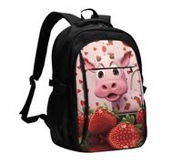WZYCWB Pink Cow with Strawberries Printed laptop backpack, business men's commuter backpack, computer bag with USB port charging