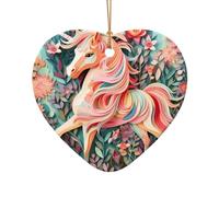 WZYCWB Pink Paper Cut Unicorn patterned Heart Shape ceramic pendant, perfect for decorating your home Christmas tree for winter parties
