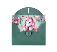 WZYCWB Pink Unicorn Printed Dark Green Pearlescent Paper Holiday Card with Envelope. Suitable for birthday wishes wedding congratulations and condolences.