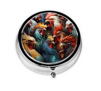 WZYCWB Portable on-the-go pill box, colorful roosters standing together round pill box, fits in your purse pocket Lightweight 3 compartment pill box,