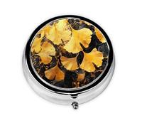 WZYCWB Portable on-the-go pill box, Golden Ginkgo Leaves round pill box, fits in your purse pocket Lightweight 3 compartment pill box,