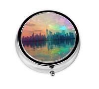 WZYCWB Portable on-the-go pill box, Holographic neon city round pill box, fits in your purse pocket Lightweight 3 compartment pill box,