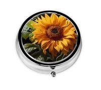 WZYCWB Portable on-the-go pill box, yellow sunflower on a brown background round pill box, fits in your purse pocket Lightweight 3 compartment pill box,