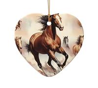 WZYCWB Prancing Brown Horse patterned Heart Shape ceramic pendant, perfect for decorating your home Christmas tree for winter parties