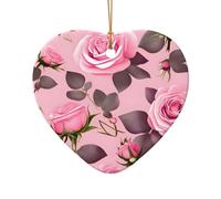 WZYCWB Pretty Pink Roses patterned Heart Shape ceramic pendant, perfect for decorating your home Christmas tree for winter parties