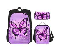 WZYCWB Purple Butterfly School Bag + Pencil case + Lunch Bag Combination Backpack Suitable for Everyday Commuting