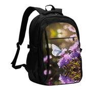 WZYCWB Purple flowers and butterflies Printed laptop backpack, business men's commuter backpack, computer bag with USB port charging