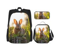 WZYCWB Rabbit in the grass Campus life backpack set (3 pieces) - school bag + pencil case + lunch bag, meet all the daily needs of students!, Black, One Size, Black, One Size