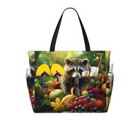 WZYCWB Raccoon on Fruit Printed beach travel bag for swimming and fitness/supermarket shopping/seaside vacation