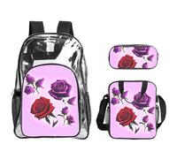 WZYCWB Red and purple roses Printed backpack set | Lunch bag and pencil case | Perfect for work, business trips, and vacations.
