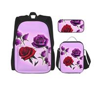 WZYCWB Red and Purple Roses School Bag + Pencil case + Lunch Bag Combination Backpack Suitable for Everyday Commuting