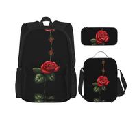 WZYCWB Red Rose Campus life backpack set (3 pieces) - school bag + pencil case + lunch bag, meet all the daily needs of students!