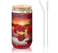 WZYCWB red roses at sunset 16OZ bamboo lid straw glass cup Iced coffee mugs cute iced tea mugs beer mugs ideal for coffee bar accessories aesthetic gifts