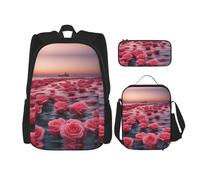 WZYCWB roses by the sea Backpack set (3-piece set) - student school bag + pencil case + lunch bag, large capacity backpack, Black, One Size