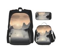 WZYCWB Sansui, Japanese company Backpack set (3-piece set) - student school bag + pencil case + lunch bag, large capacity backpack, Black, One Size