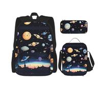 WZYCWB Saturn Jupiter Earth Backpack set (3-piece set) - student school bag + pencil case + lunch bag, large capacity backpack, Black, One Size