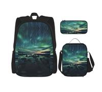 WZYCWB Sea under the Aurora Borealis Backpack set (3-piece set) - student school bag + pencil case + lunch bag, large capacity backpack, Black, One Size