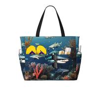 WZYCWB Sharks under the sea Foldable beach travel bag, large capacity beach bag with zipper, perfect for shopping bags, pool, gym, travel shopping,