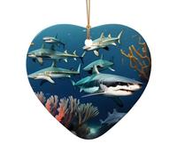 WZYCWB Sharks under the sea patterned Heart Shape ceramic pendant, perfect for decorating your home Christmas tree for winter parties