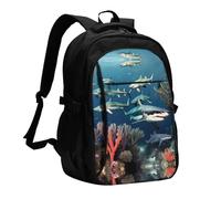 WZYCWB Sharks under the sea Printed laptop backpack, business men's commuter backpack, computer bag with USB port charging