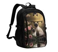 WZYCWB Siamese cat sitting Printed laptop backpack, business men's commuter backpack, computer bag with USB port charging