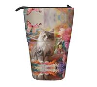 WZYCWB Sitting Grey cat Printed Retractable Pen Holder Suitable for use as a Simple Cosmetic Bag, Wallet, etc.