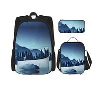 WZYCWB Snowy Forest Backpack (3-piece set), large capacity backpack, student school bag, pencil case, lunch bag combination