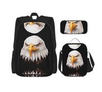 WZYCWB Stern bald eagle Backpack (3-piece set), large capacity backpack, student school bag, pencil case, lunch bag combination