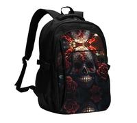 WZYCWB Stone Skull Flower Rose Printed laptop backpack, business men's commuter backpack, computer bag with USB port charging
