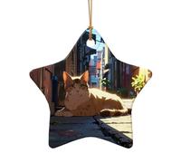 WZYCWB Stray cat in the alley patterned Star Shape ceramic pendant, perfect for decorating your home Christmas tree for winter parties