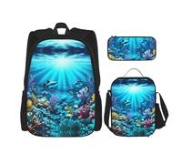 WZYCWB Submarine Coral Rays Backpack set (3-piece set) - student school bag + pencil case + lunch bag, large capacity backpack, Black, One Size