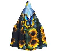 WZYCWB Sunflower Blue Butterfly Printed Hooded Cape - Perfect for Halloween parties, theatrical performances, and photoshoots.